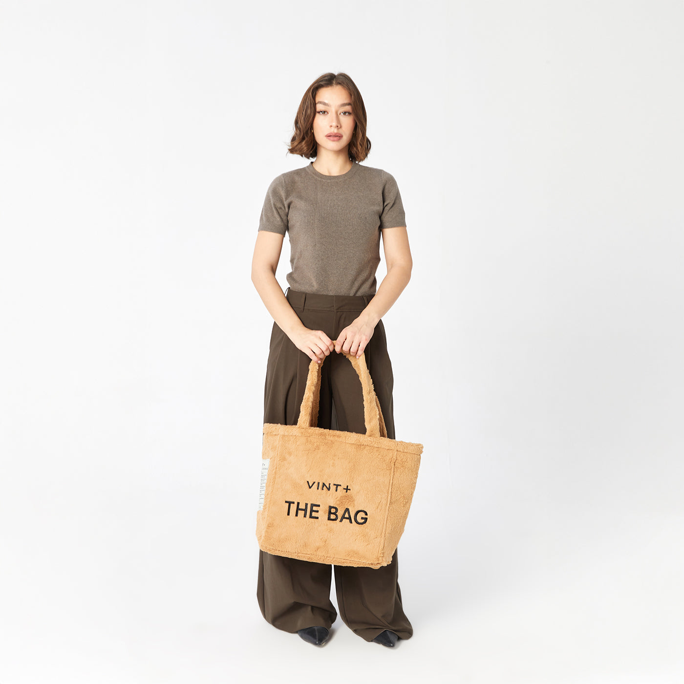 FERMUARLI PELUŞ TOTE ÇANTA - BÜYÜK - KAHVE