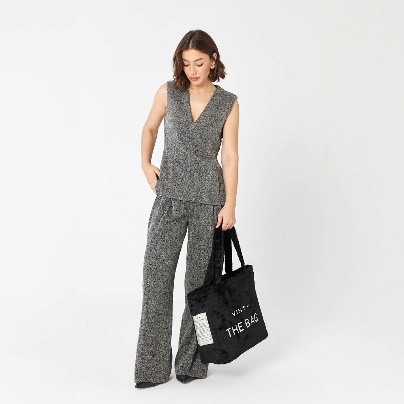 FERMUARLI PELUŞ TOTE ÇANTA - BÜYÜK - SİYAH