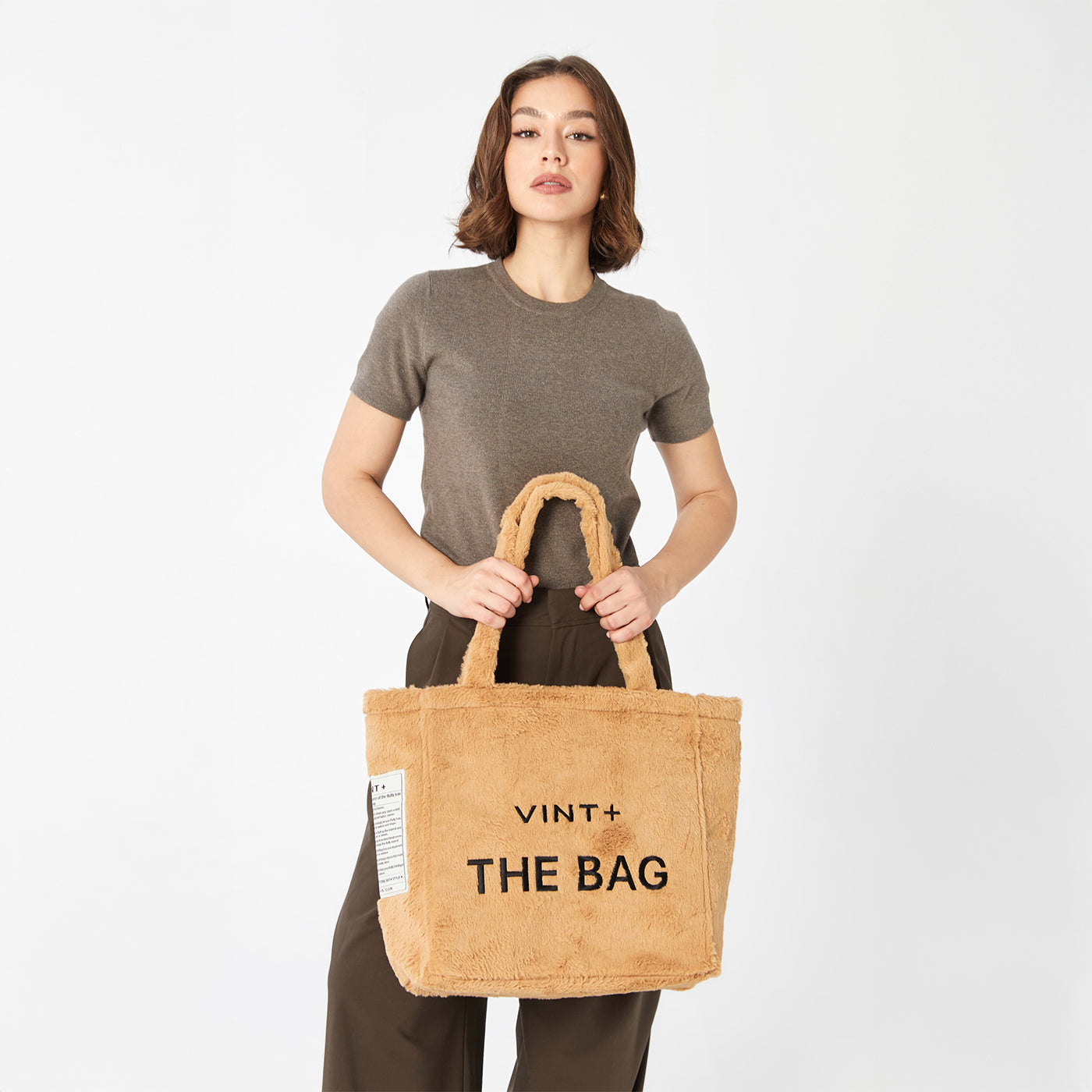 FERMUARLI PELUŞ TOTE ÇANTA - BÜYÜK - KAHVE