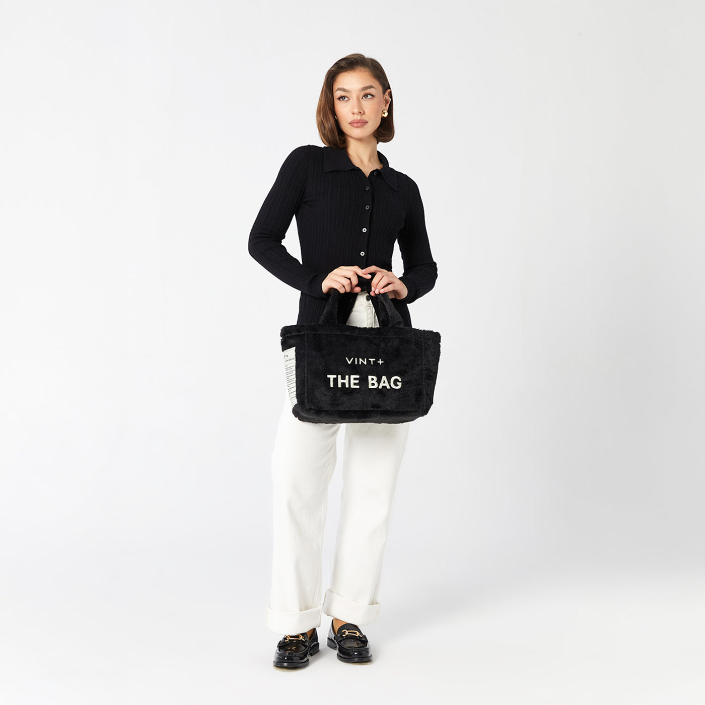 FERMUARLI PELUŞ TOTE ÇANTA - KÜÇÜK - SİYAH