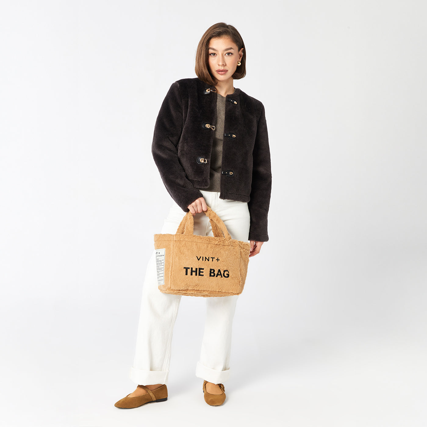 FERMUARLI PELUŞ TOTE ÇANTA - KÜÇÜK - KAHVE