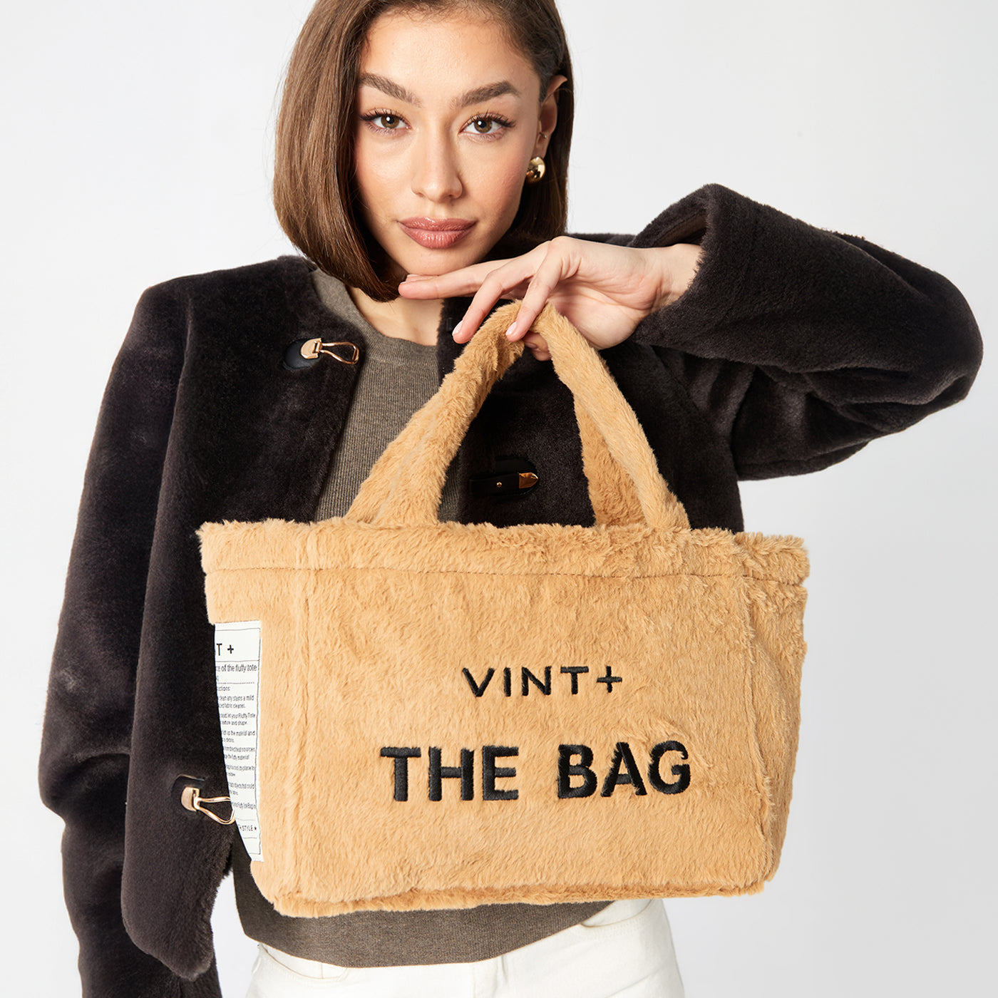 FERMUARLI PELUŞ TOTE ÇANTA - KÜÇÜK - KAHVE