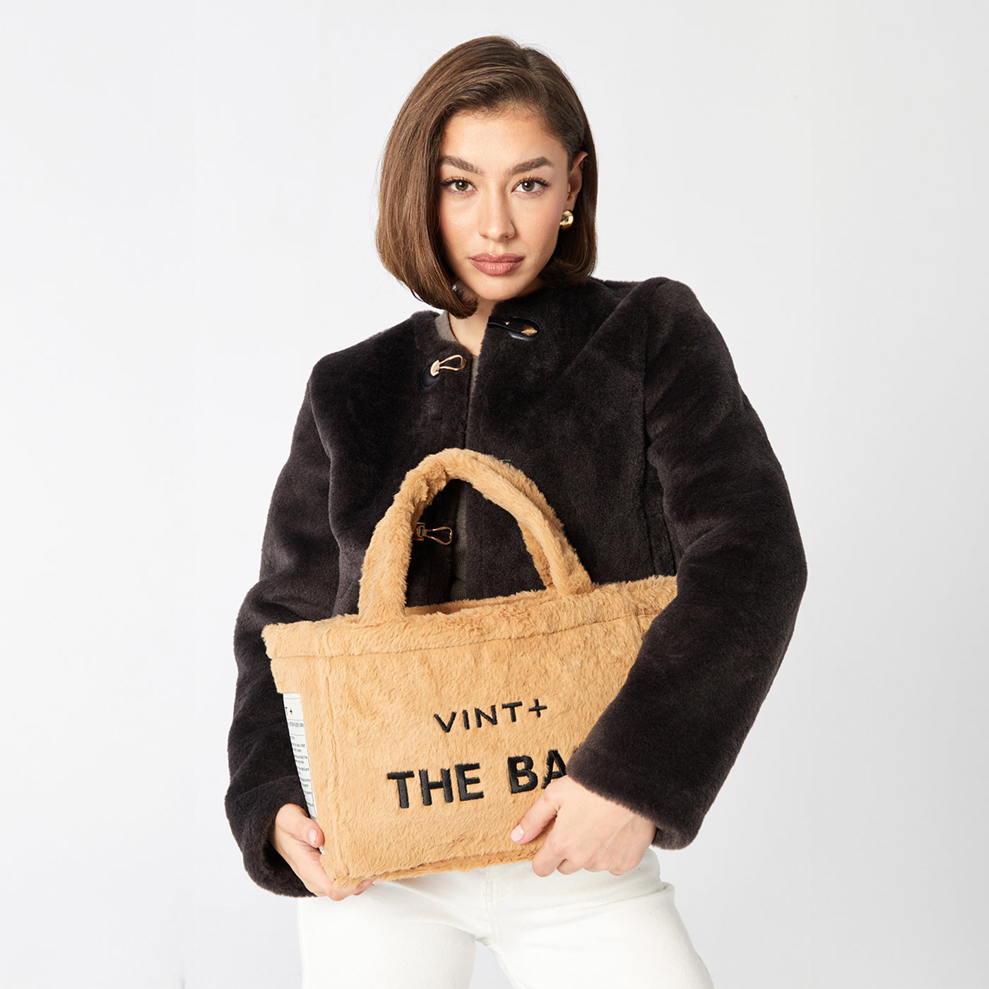 FERMUARLI PELUŞ TOTE ÇANTA - KÜÇÜK - KAHVE