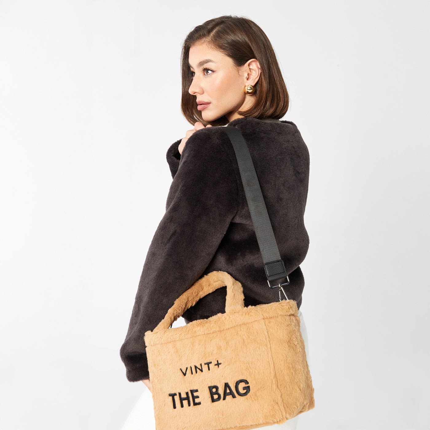 FERMUARLI PELUŞ TOTE ÇANTA - KÜÇÜK - KAHVE