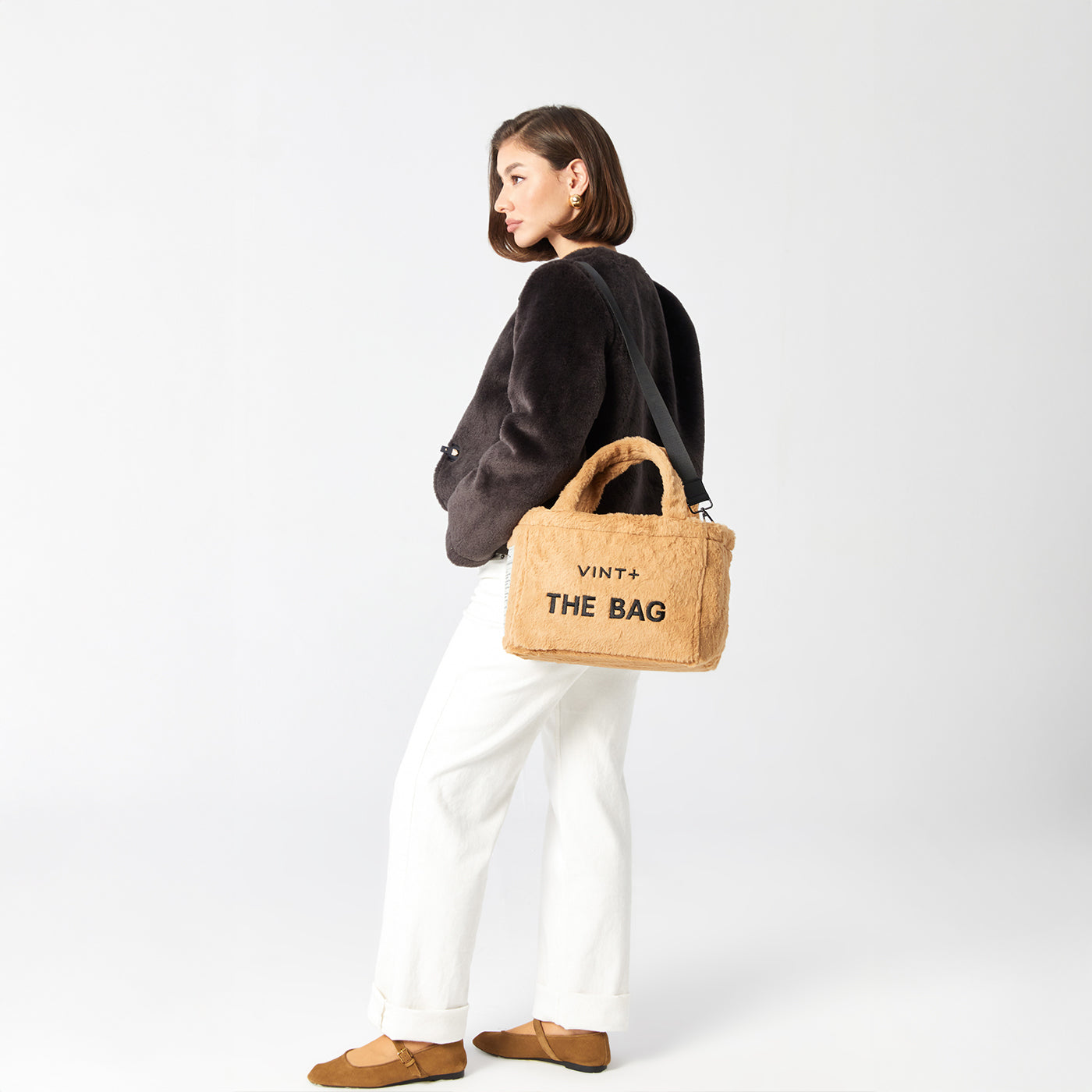 FERMUARLI PELUŞ TOTE ÇANTA - KÜÇÜK - KAHVE
