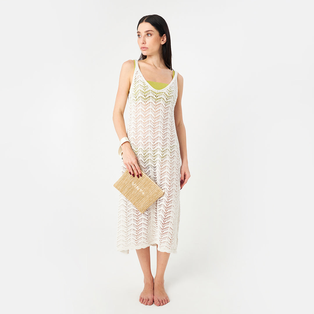 ZİNCİRLİ HASIR CLUTCH ÇANTA - BEYAZ NAKIŞLI