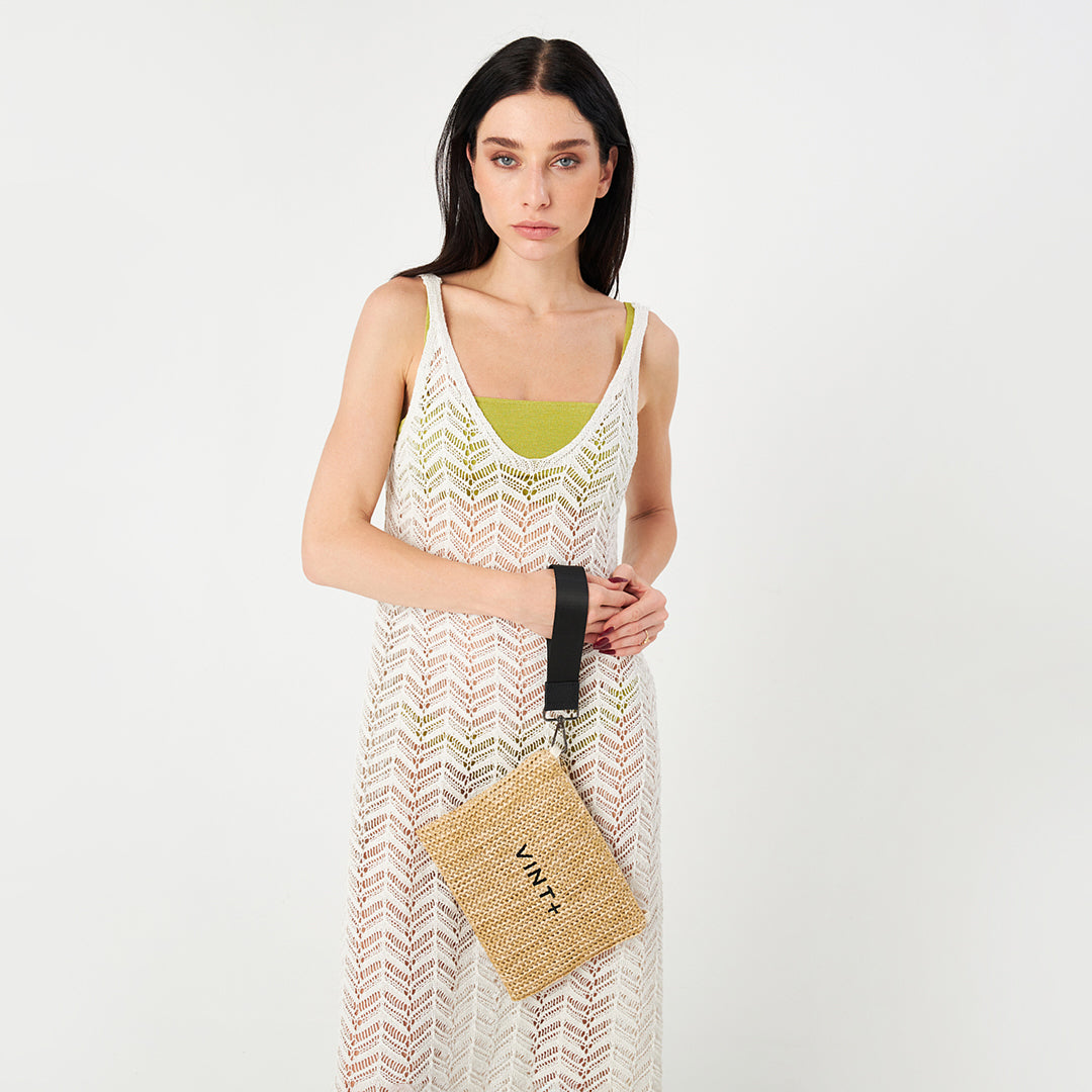 ZİNCİRLİ HASIR CLUTCH ÇANTA - SİYAH NAKIŞLI